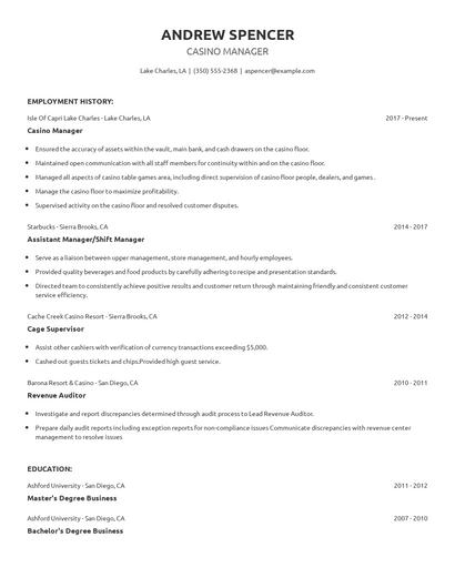 Casino Manager Resume