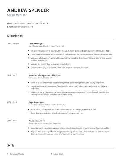 Casino Manager Resume