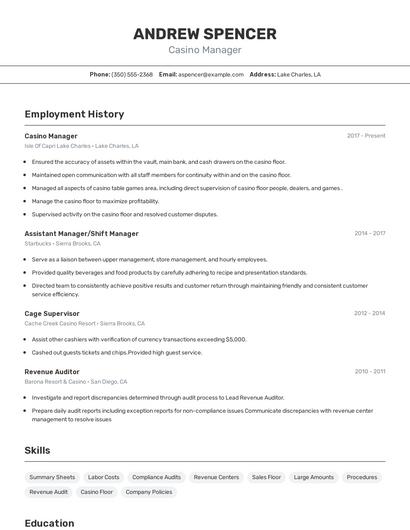 Casino Manager Resume