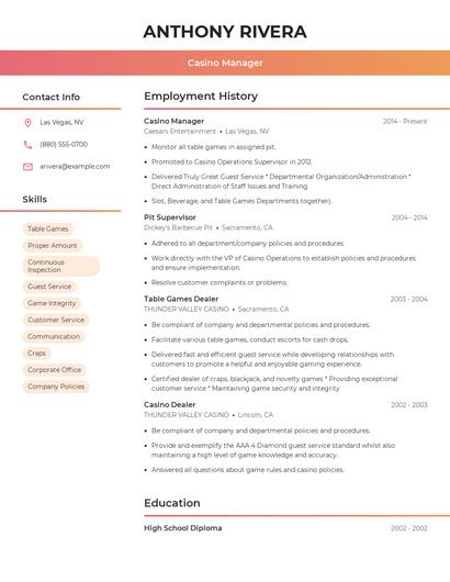 Casino Manager Resume