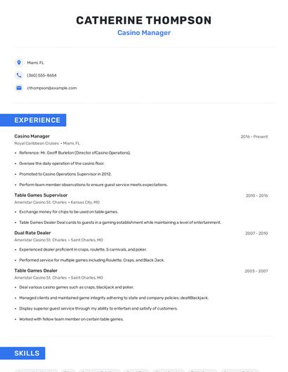 Casino Manager Resume