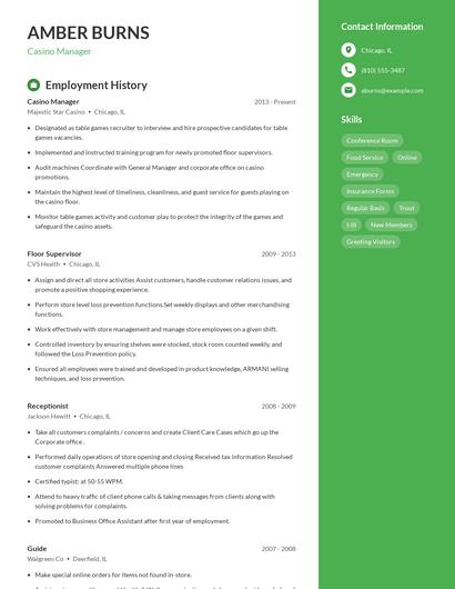 Casino Manager Resume