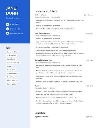 Casino Manager Resume
