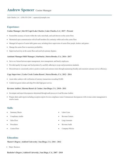 Casino Manager Resume