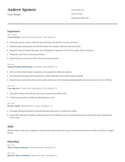 Casino Manager Resume