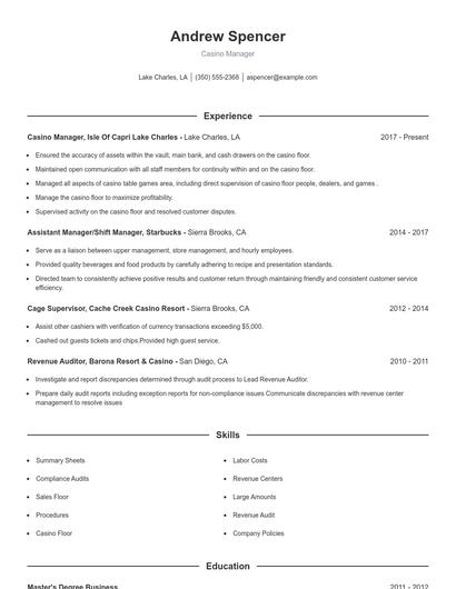 Casino Manager Resume