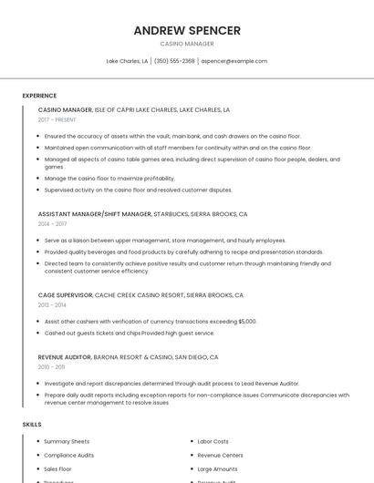 Casino Manager Resume