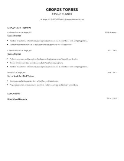 Casino Runner Resume