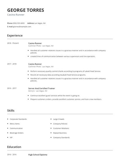 Casino Runner Resume