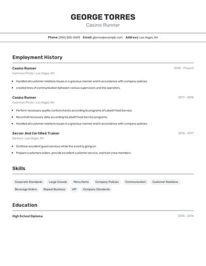 Casino Runner Resume
