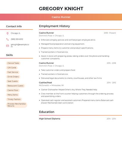 Casino Runner Resume