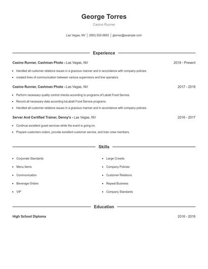 Casino Runner Resume