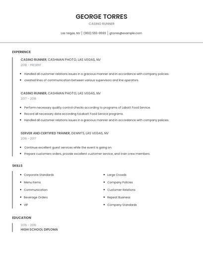 Casino Runner Resume