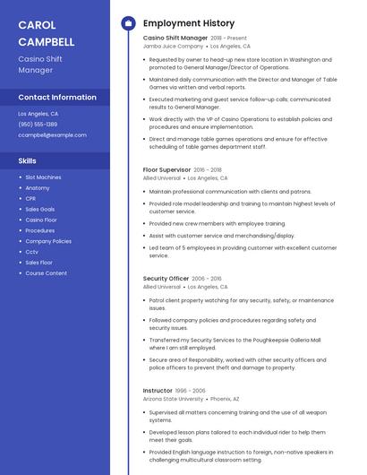 Casino Shift Manager Resume