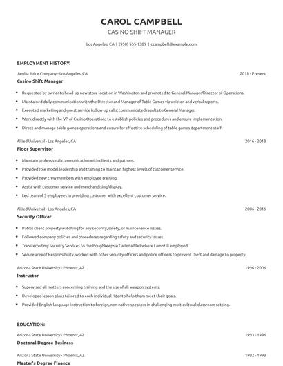 Casino Shift Manager Resume