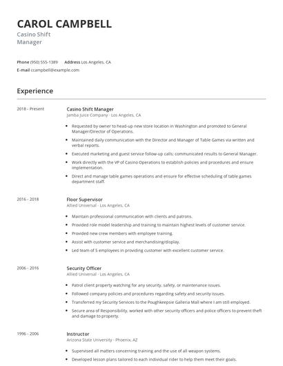 Casino Shift Manager Resume