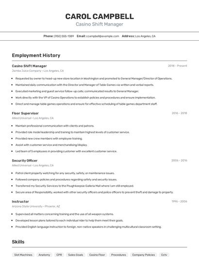 Casino Shift Manager Resume