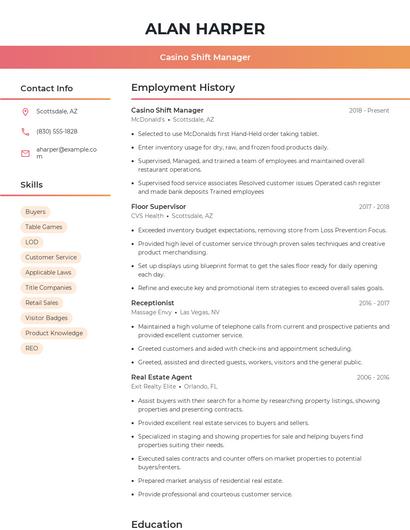 Casino Shift Manager Resume