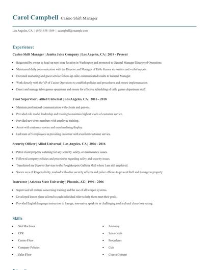 Casino Shift Manager Resume
