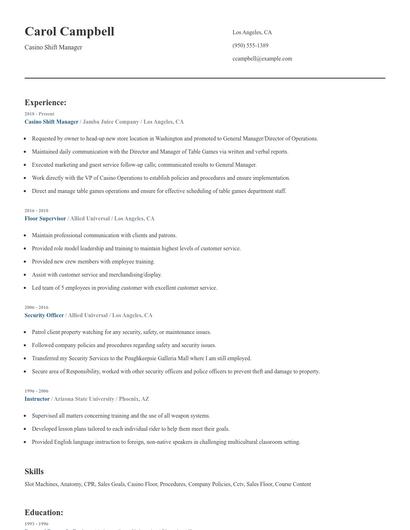 Casino Shift Manager Resume