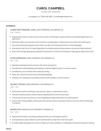 Casino Shift Manager Resume