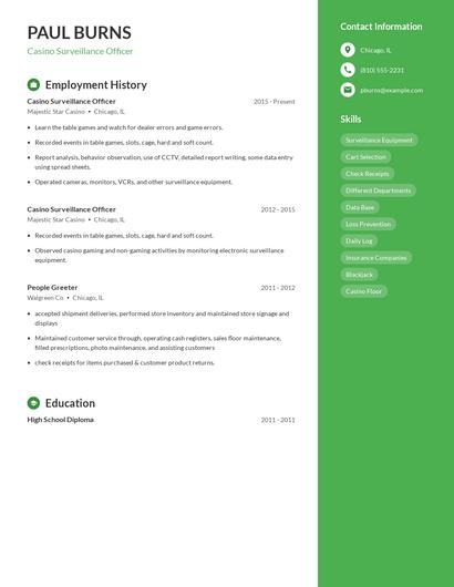 Casino Surveillance Officer Resume