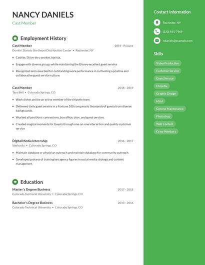 Cast Member Resume