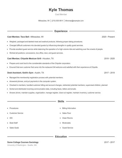 Cast Member Resume