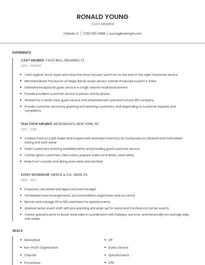 Cast Member Resume