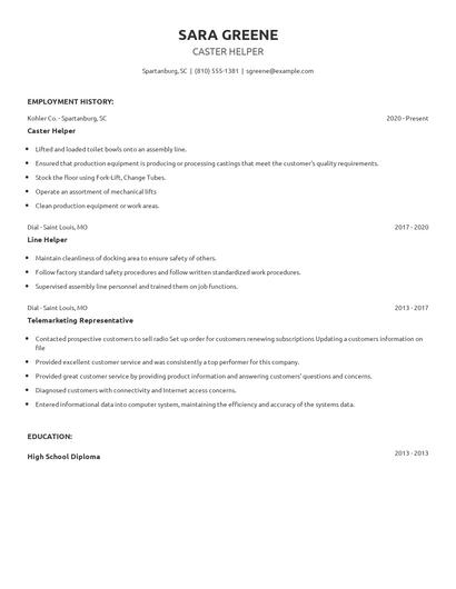 Caster Helper Resume