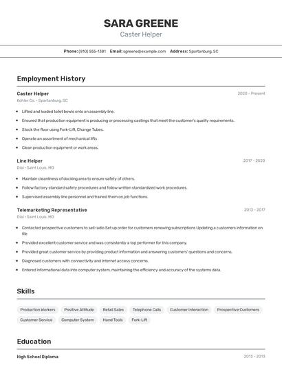 Caster Helper Resume