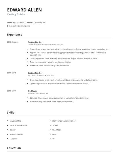 Casting Finisher Resume