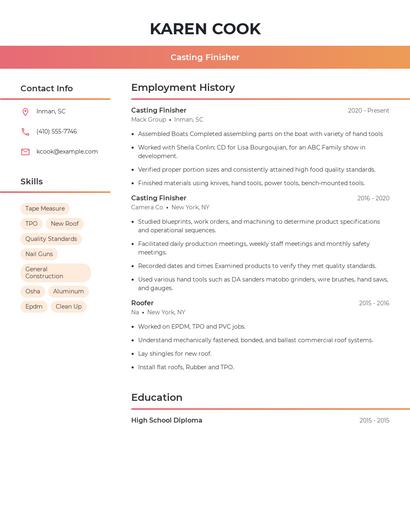 Casting Finisher Resume