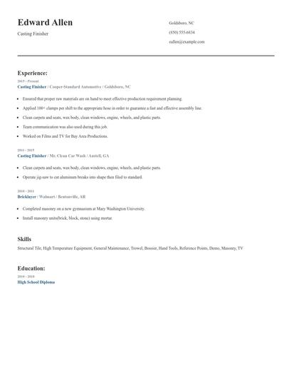 Casting Finisher Resume