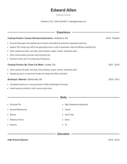 Casting Finisher Resume