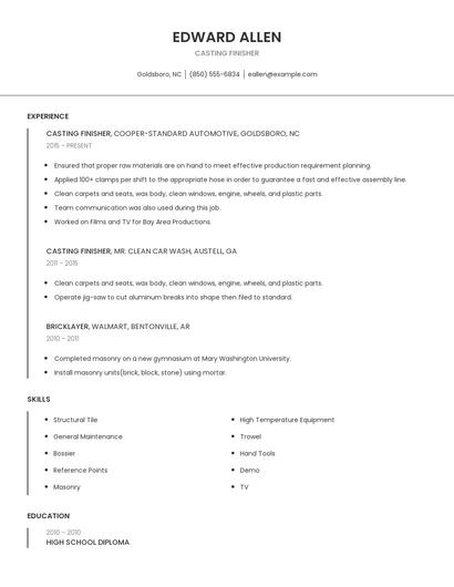 Casting Finisher Resume