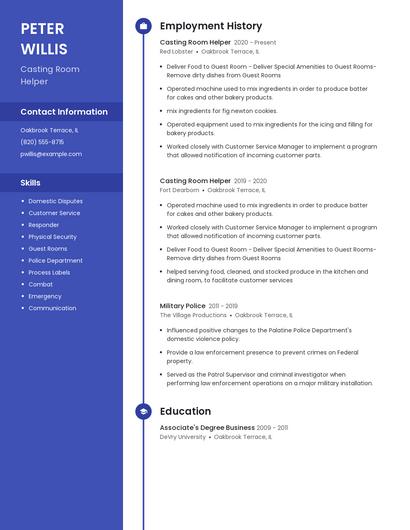 Casting Room Helper Resume