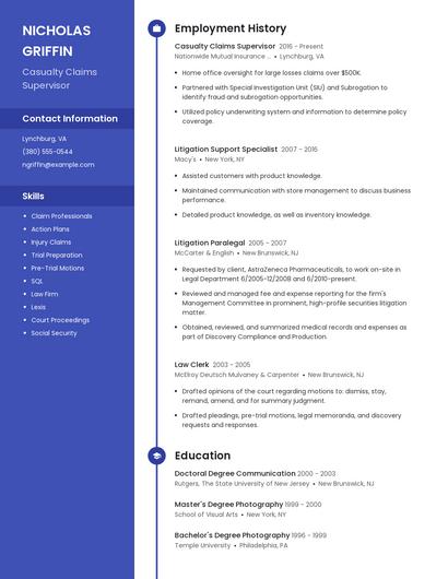 Casualty Claims Supervisor Resume