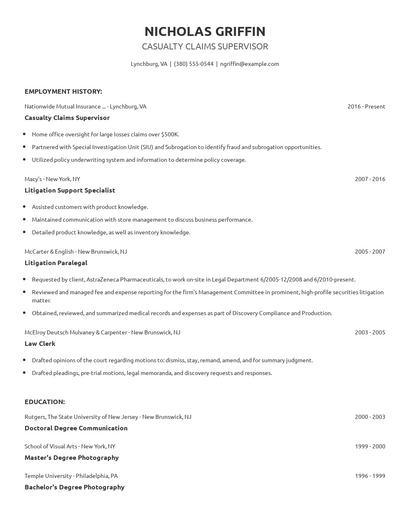 Casualty Claims Supervisor Resume