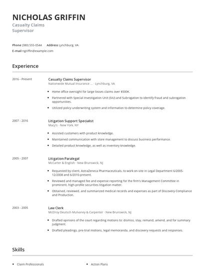 Casualty Claims Supervisor Resume