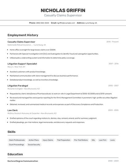 Casualty Claims Supervisor Resume