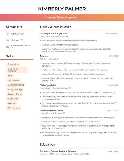Casualty Claims Supervisor Resume