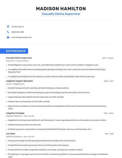 Casualty Claims Supervisor Resume