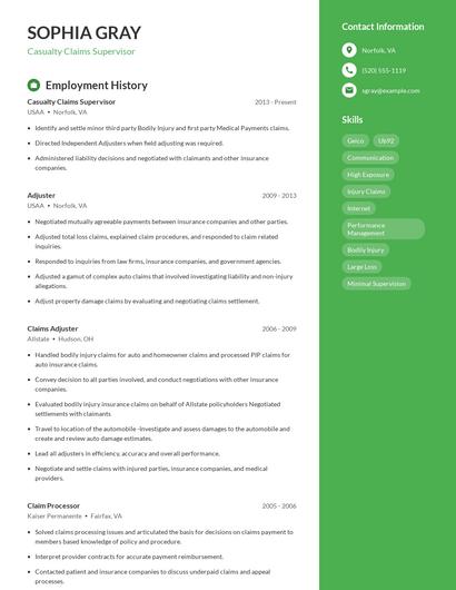 Casualty Claims Supervisor Resume