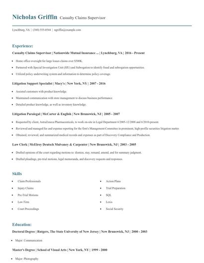 Casualty Claims Supervisor Resume