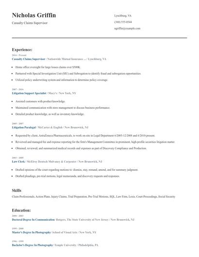 Casualty Claims Supervisor Resume