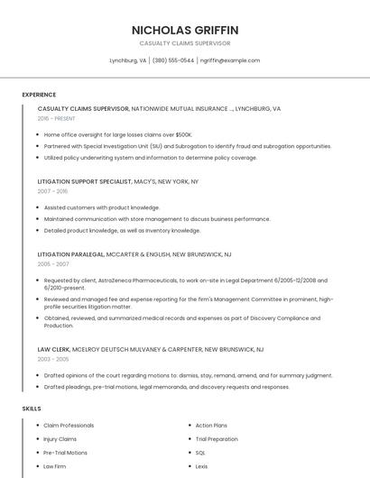 Casualty Claims Supervisor Resume
