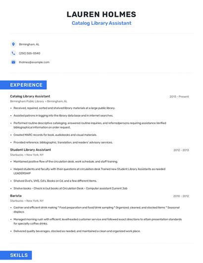 Catalog Library Assistant Resume