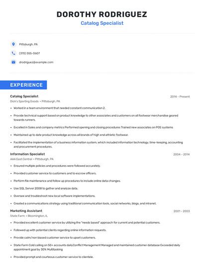 Catalog Specialist Resume