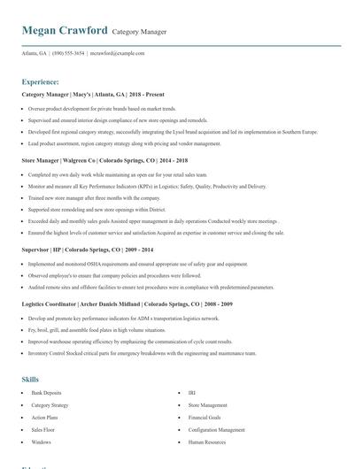Category Manager Resume